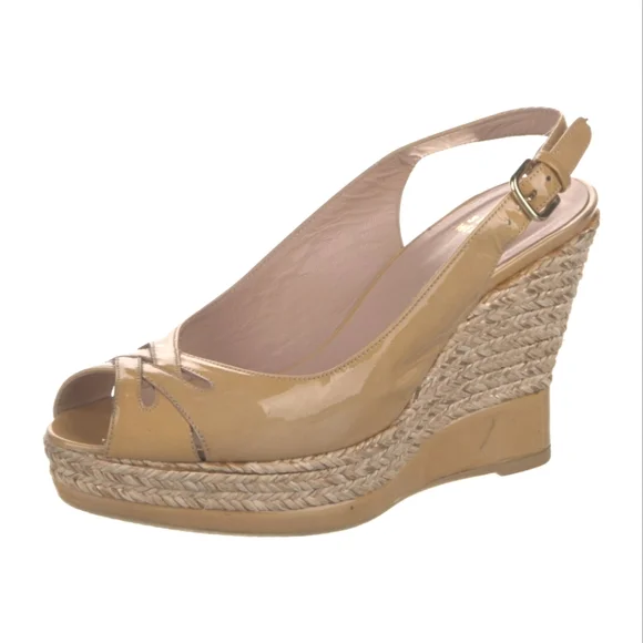 Stuart Weitzman Patent Leather Slingback Woven Wedge Platform Wedges - Picture 4 of 16